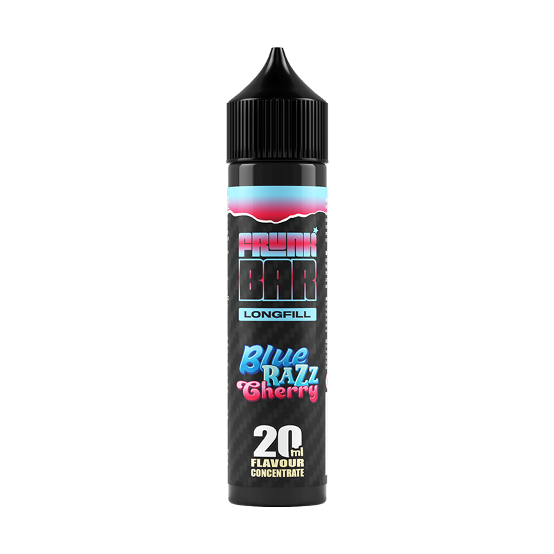 Svart, blå och rosa flaska. På flaskan står det frunk bar longfill blue razz cherry 20ml flavour concentrate