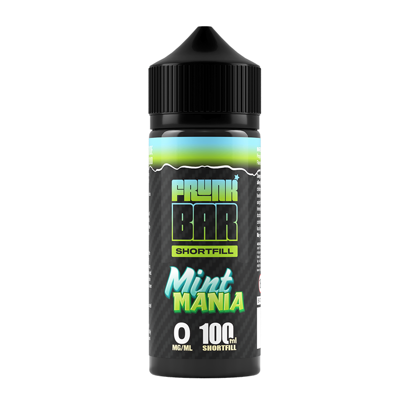Svart, grön och blå flaska. På flaskan står det frunk bar shortfill mint mania 0 mg/ml 100ml shortfill