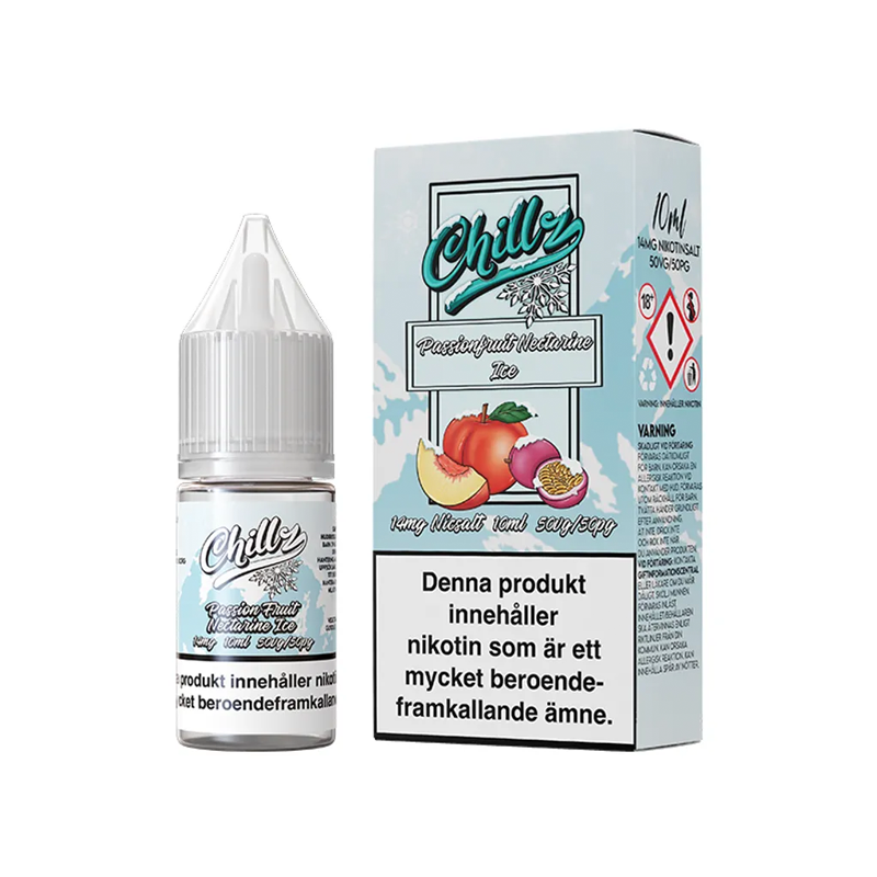 Chillz Passionfruit Nectarine Ice Flaska bredvid originalförpackning