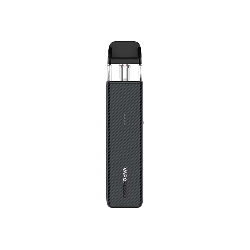 Vaporesso XROS 5 MINI i färgen Carbon Black – kompakt e-cigarett med transparent pod och stilren design i kolfibermönster