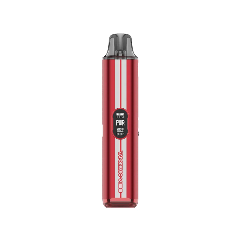 Vaporesso VIBE i färgen Racing Red – e-cigarett med OLED-skärm, Dual Mesh-pod och röd design med kontrasterande ränder