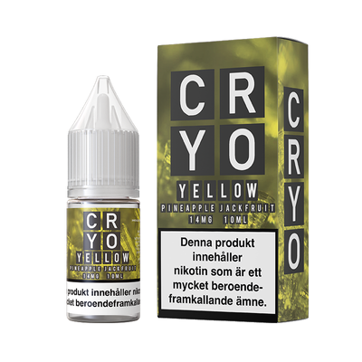 På bilden syns en flaska och låda. båda är gråa och på dom står det Cryo yellow pineapple jackfruit 14mg 10ml