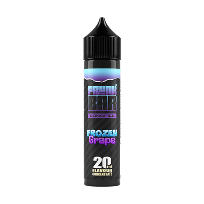 Svart, blå och lila flaska. På flaskan står det frunk bar longfill frozen grape 20ml flavour concentrate
