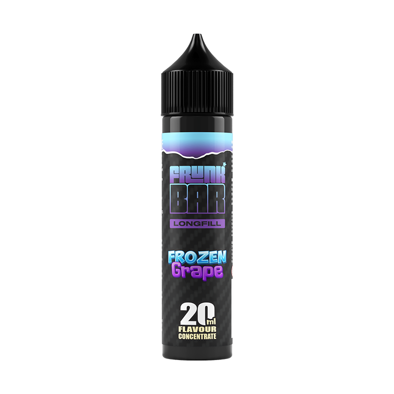 Svart, blå och lila flaska. På flaskan står det frunk bar longfill frozen grape 20ml flavour concentrate