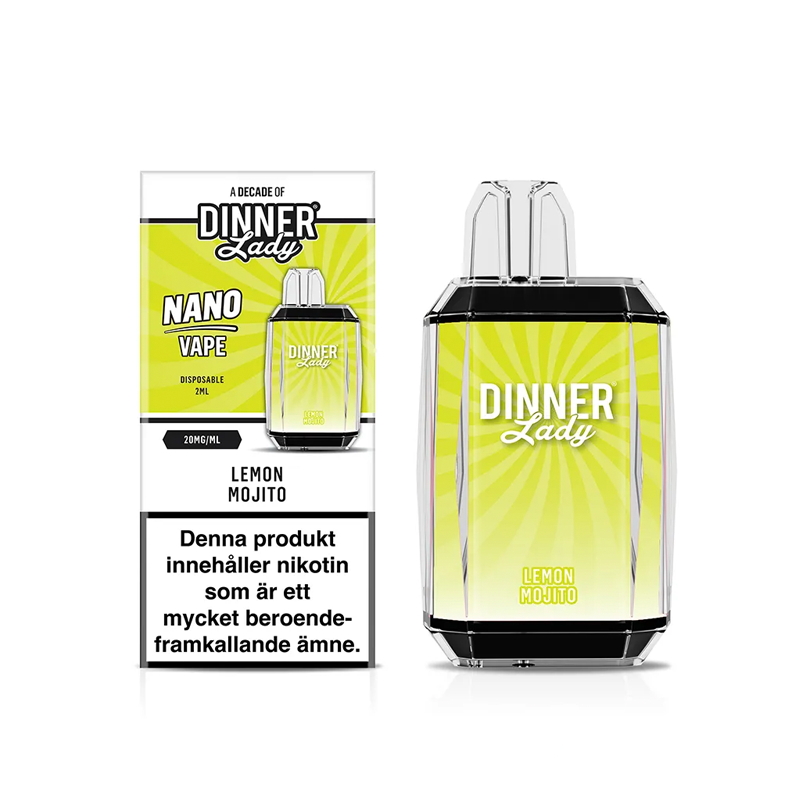 Dinner Lady Nano Mesh Lemon Mojito engångsvape med förpackning – smak av citron och mojito, 20 mg nikotinsalt