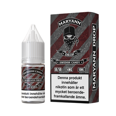 På bilden syns en flaska och låda. båda är gråa och röda och på dom står det Swedish candy maryann drop 14mg