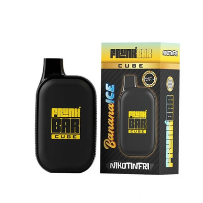 Frunk Bar Cube ZERO Mesh Engångs Vape Banana Ice bredvid originalförpackning