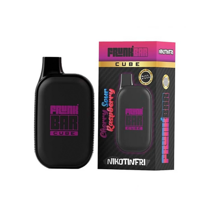 Frunk Bar Cube ZERO Mesh Engångs Vape Cherry Sour Raspberry bredvid originalförpackning