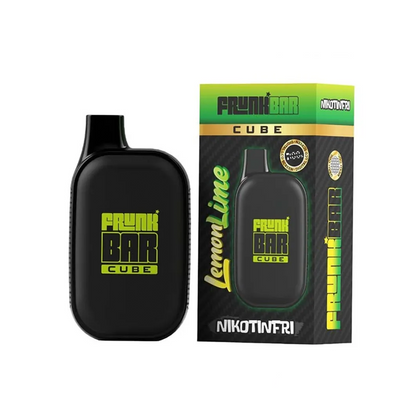 Frunk Bar Cube ZERO Mesh Engångs Vape Lemon Lime bredvid originalförpackning