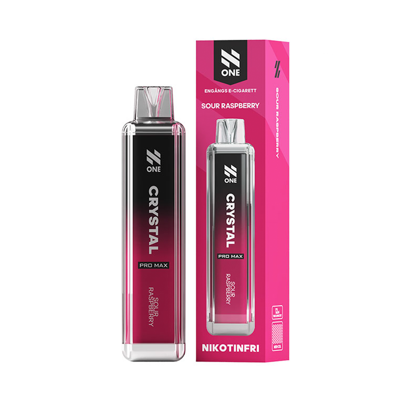 N One Crystal ZERO Engångs Vape Sour Raspberry engångsvape bredvid originalkartong