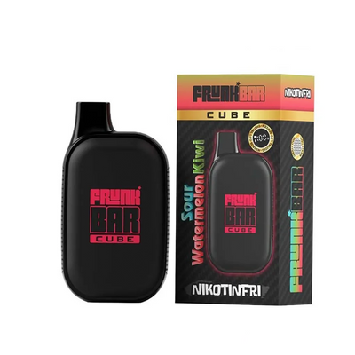 Frunk Bar Cube ZERO Mesh Engångs Vape Sour Watermelon Kiwi bredvid originalförpackning