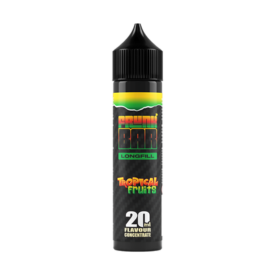 Svart, grön och orange flaska. På flaskan står det frunk bar longfill tropical fruits 20ml flavour concentrate