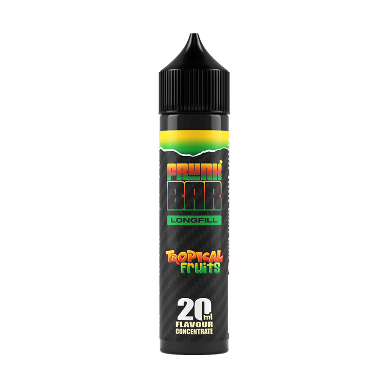 Svart, grön och orange flaska. På flaskan står det frunk bar longfill tropical fruits 20ml flavour concentrate