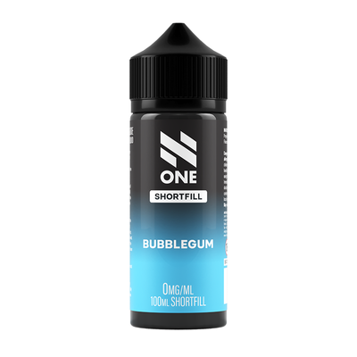 Svart och blå flaska. På flaskan står det N One Shortfill bubblegum 0mg/ml 100ml shortfill