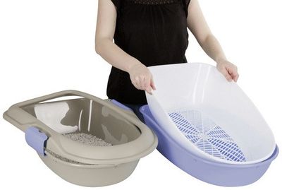 Kattlåda 3-bottnad med sil beige/marinblå