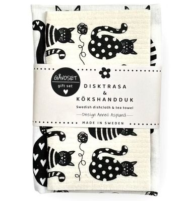 Gåvoset kattmotiv, kökshandduk + disktrasa