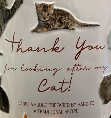 Present till kattvakt, plåtburk med vaniljfudge