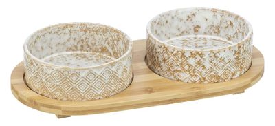 Kattmatskålar med träbricka