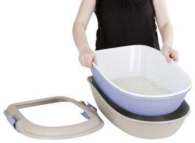 Kattlåda 3-bottnad med sil beige/marinblå