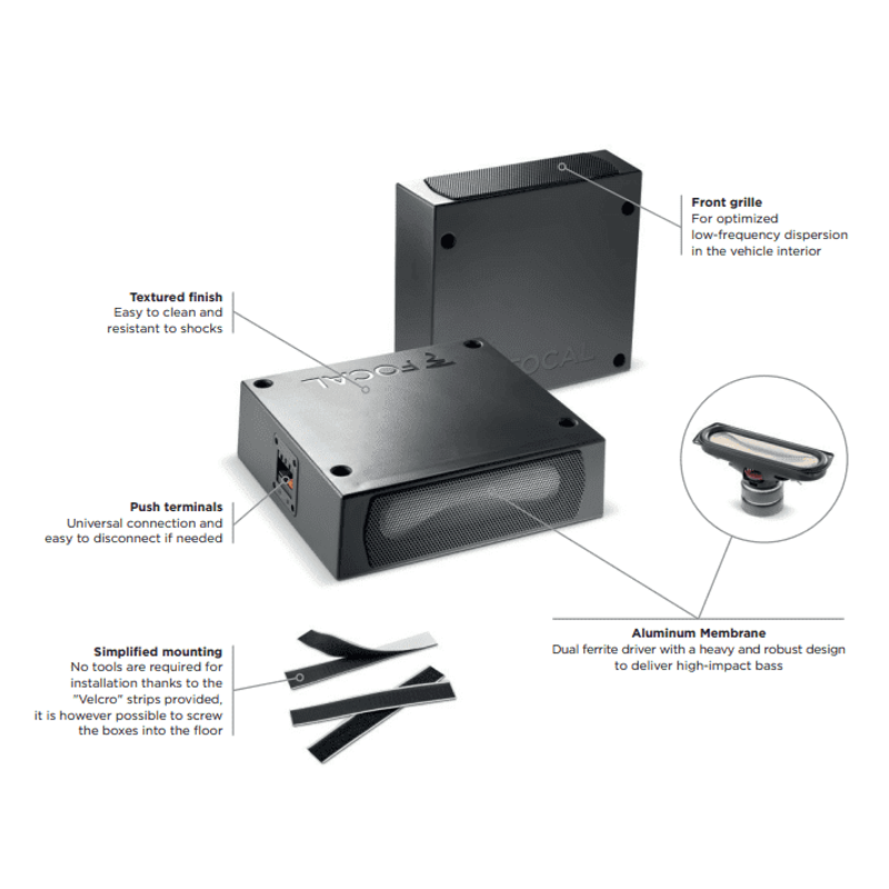 Focal ISUBTWIN 2 x Under Seat Car Subwoofer Speakers | 200W Maximum Power | Ultra-compact & Easy Installation