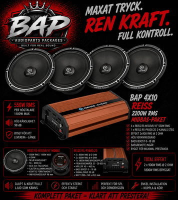 BAP 4x10 Reiss RS-M102VB + RS-PX600.2D – 2200W RMS Midbas-paket