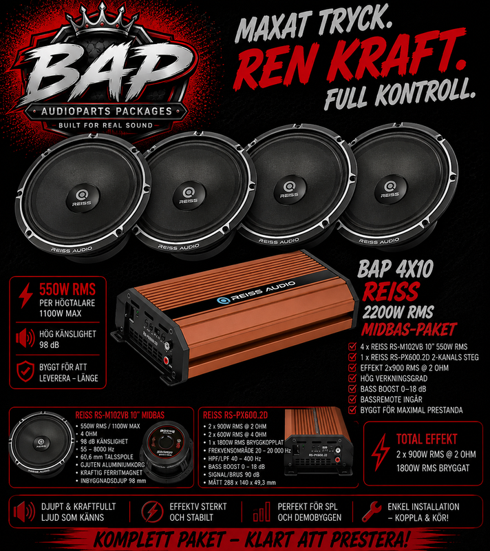BAP 4x10 Reiss RS-M102VB + RS-PX600.2D – 2200W RMS Midbas-paket