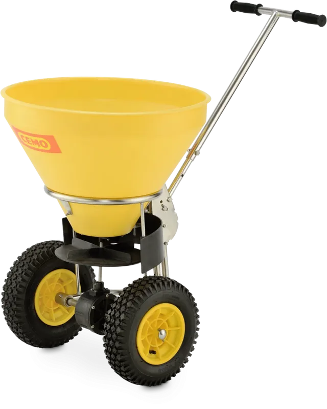 CEMO Sandspridare SW 50-E – Professionell Grusmaskin med Stålrörstomme och Pneumatiska Vinterdäck, 50 L, Spridningsbredd 1–4 m