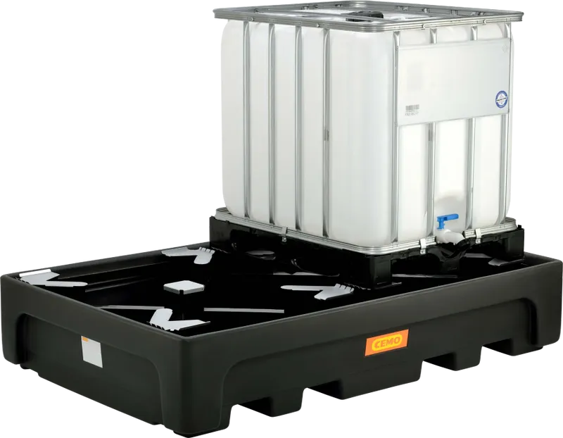CEMO IBC-Spillbehållare 1100/2-PE med Tvärstång – Uppsamlingstråg för 2 IBC-Behållare, 1100 L, 3000 kg, 223 × 146 × 44 cm