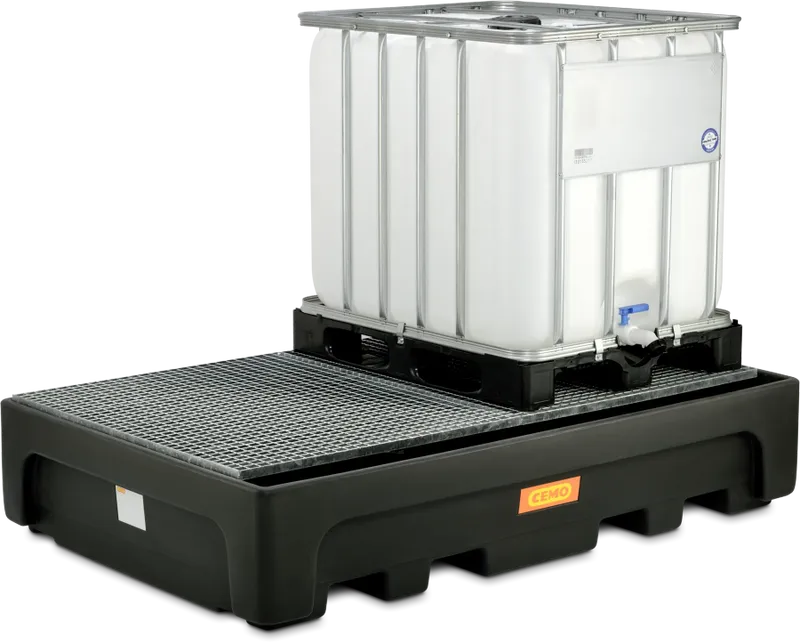 CEMO IBC-Spillbehållare 1100/2-PE med Galvaniserat Stålgaller – Uppsamlingstråg för 2 IBC-Behållare, 1100 L, 3000 kg, 223 × 146 × 46 cm