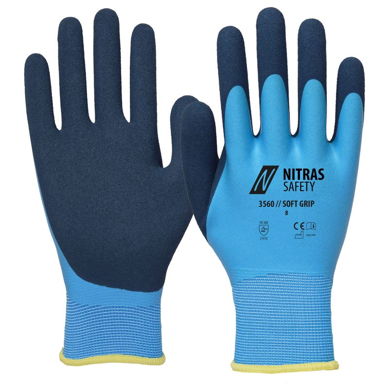 Nitras 3560 Soft Grip  – Dubbel Latexbeläggning och Frottefoder, Ljusblå/Mörkblå, Stl 8–11