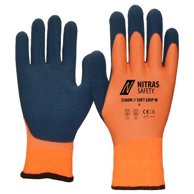 Nitras 3560W Soft Grip W – Varm Vinterhandske med Dubbel Latexbeläggning och Frottefoder, Orange/Mörkblå, Stl 8–11