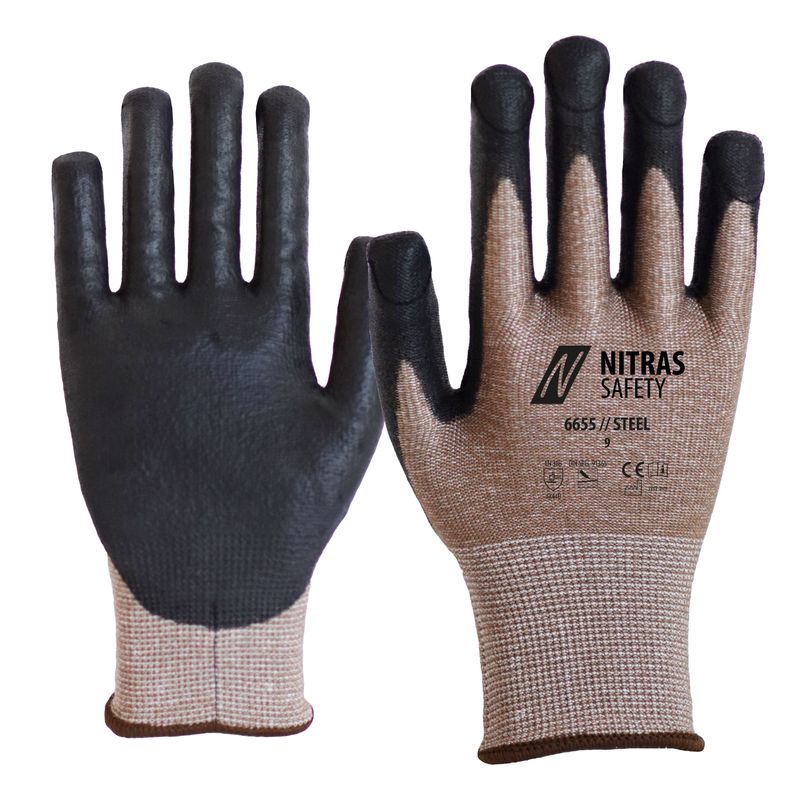 Nitras 6655 Steel Cut D – Skär- och Stickskyddshandske mot Nålar och Glas, Trelagers, Brun/Svart, Stl 9–11