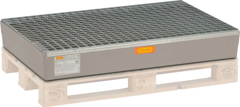 CEMO GRP-uppsamlingstråg 150 L för Europall – Glasfiberarmerat Spillskydd med Typgodkännande och Stålgaller, 120×80×23,5 cm