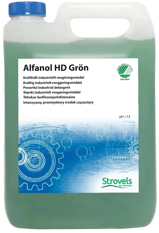 Strovels Alfanol HD Grön – Alkaliskt Grovrengöringsmedel, Miljömärkt | Verkstad, Olje- & Brandsanering | 5–205 L