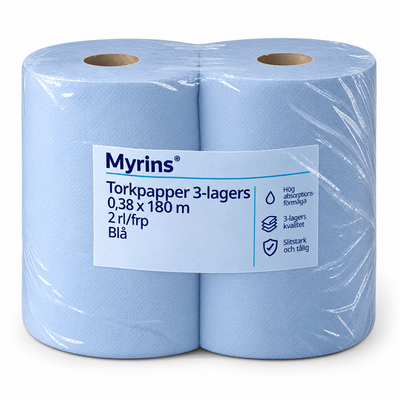 Myrins Torkpapper 3-lagers 0,38×190m - Blå Industripappersrulle, Cellulose, 2 rl/frp