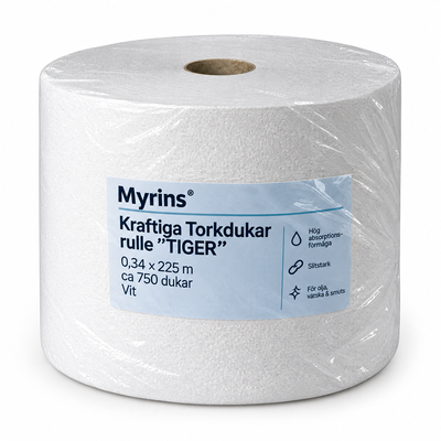 Myrins Kraftiga Torkdukar rulle "TIGER", 0.34x225m, 750st dukar, Vit