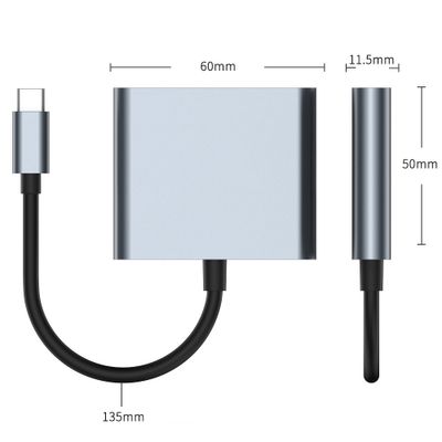 Närbild på 3-i-1 USB-C adapter med mått och portdetaljer.