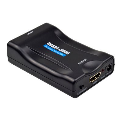 Baksida av SCART till HDMI-konverter med HDMI-utgång och strömanslutning