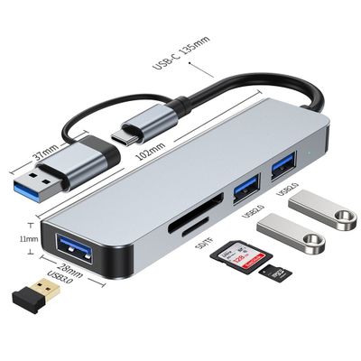 Detaljerad bild på 5-i-1 USB-C adapter med mått och anslutningsportar markerade.