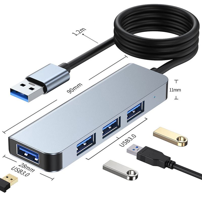 USB-C adapter med 1,2 meter kabel och fyra USB 3.0-portar för flera enheter.