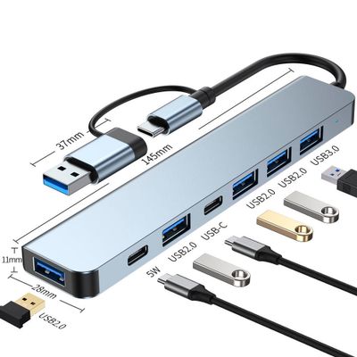 USB-C hub med mått och anslutningar markerade – idealisk för laptop och PC.