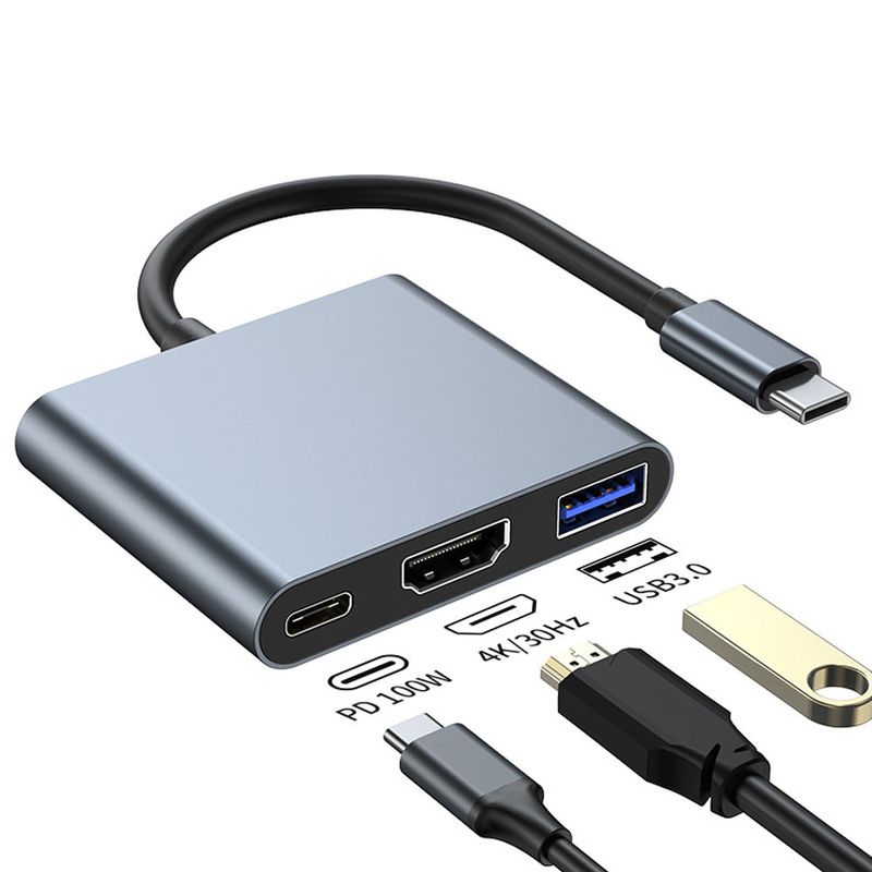 USB-C adapter med HDMI, USB 3.0 och PD 100W, kompakt design för laptop.