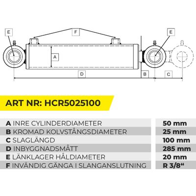 KTS Hydraulcylinder | 50-25-100 | Länklager Ø20 mm