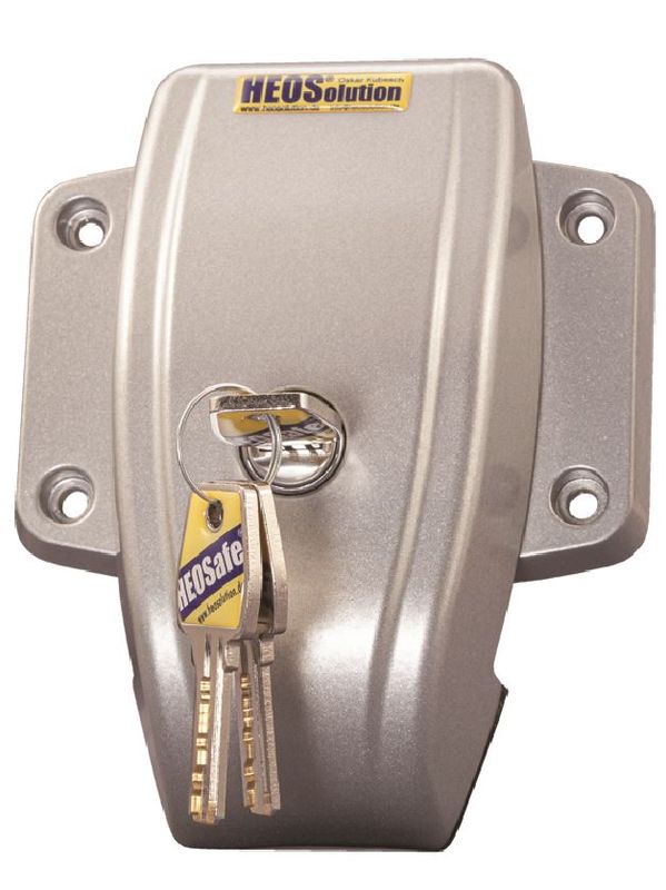 Silvergrått HEOSafe® extralås i aluminium monterat på skjutdörr på husbil.