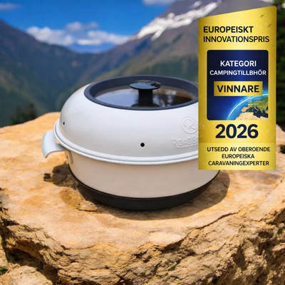 RoadBaker portabel campingugn på klippa i bergslandskap med utmärkelsen Europeiskt Innovationspris 2026