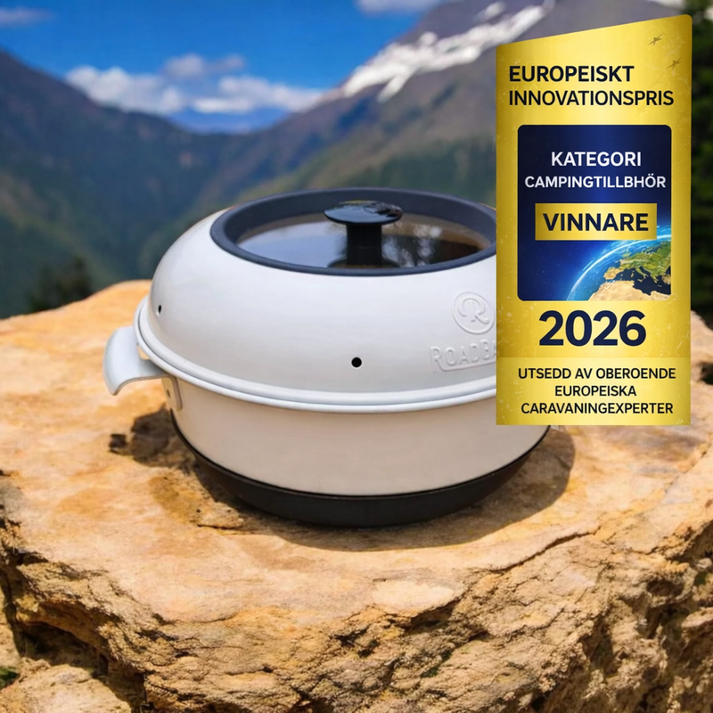RoadBaker portabel campingugn på klippa i bergslandskap med utmärkelsen Europeiskt Innovationspris 2026