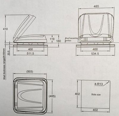 Dubbelt glasat takfönster 400×400 mm med insektsnät och mörkläggning