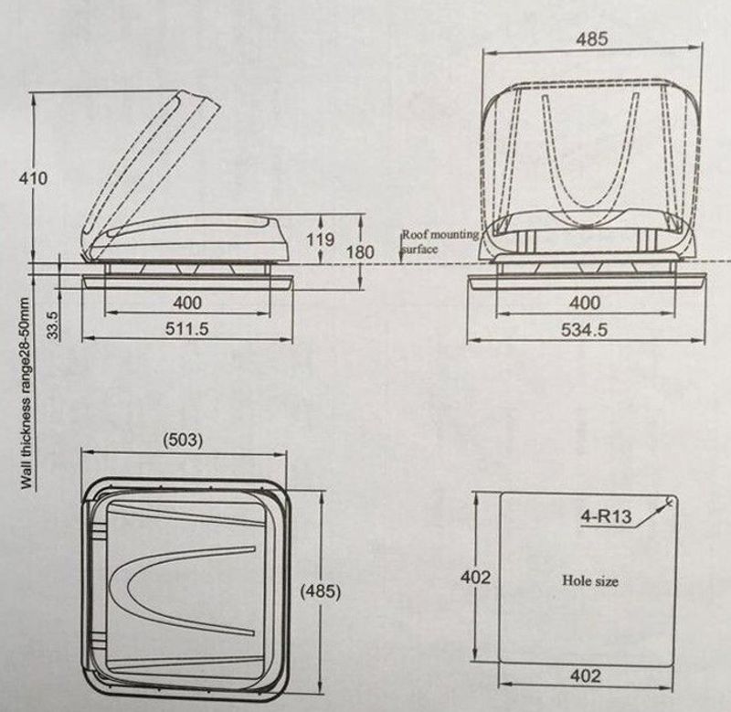 Dubbelt glasat takfönster 400×400 mm med insektsnät och mörkläggning