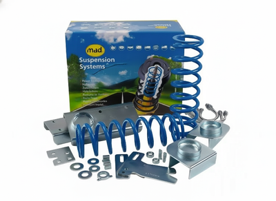 Komplett MAD höjningssats för husbil/transportbil (35 mm fram, upp till 50 mm bak) monterad på chassi Ducato/Jumper/Boxer