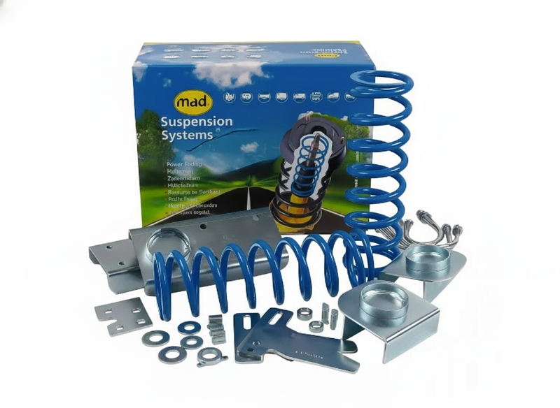 Komplett MAD höjningssats för husbil/transportbil (35 mm fram, upp till 50 mm bak) monterad på chassi Ducato/Jumper/Boxer